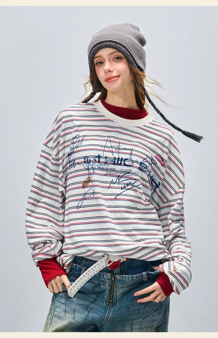 BJHG Striped Graffiti Print Knitted Sweater Couple Sweater