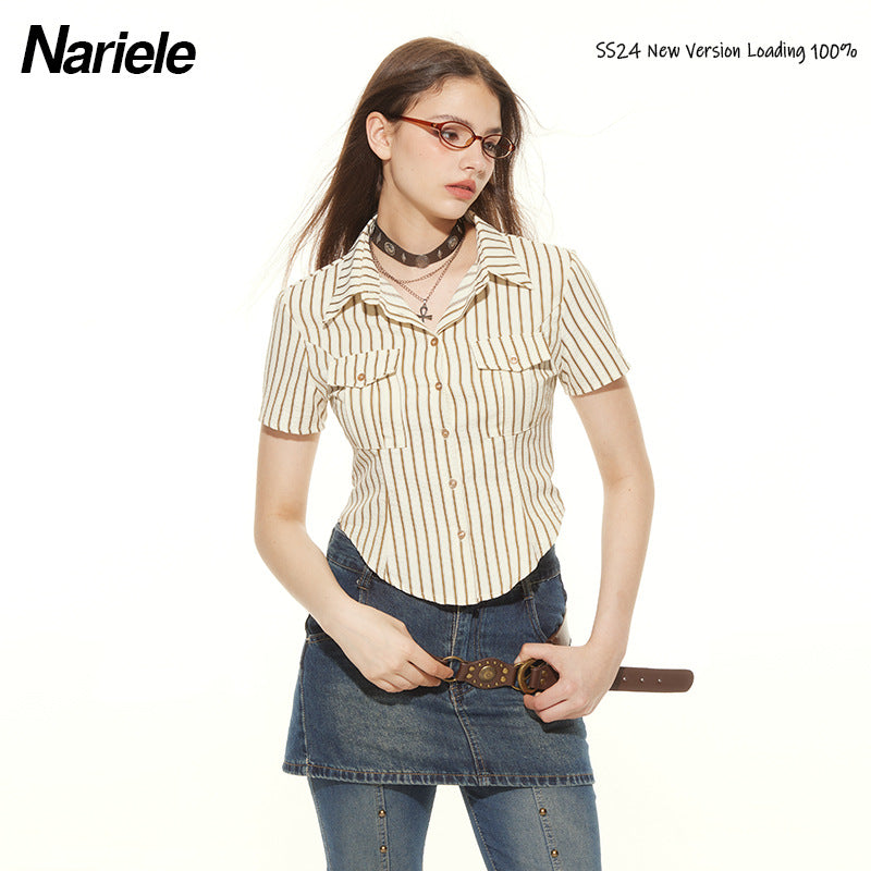 Nariele Striped POLO Neck Slim-Fit Short Shirt