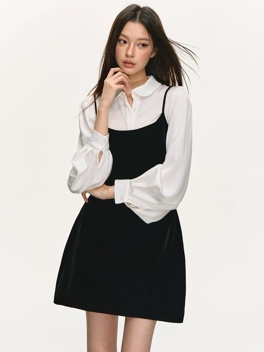 Anna Aneae Long Sleeve Shirt Stacked Velvet Suspender Dress Set