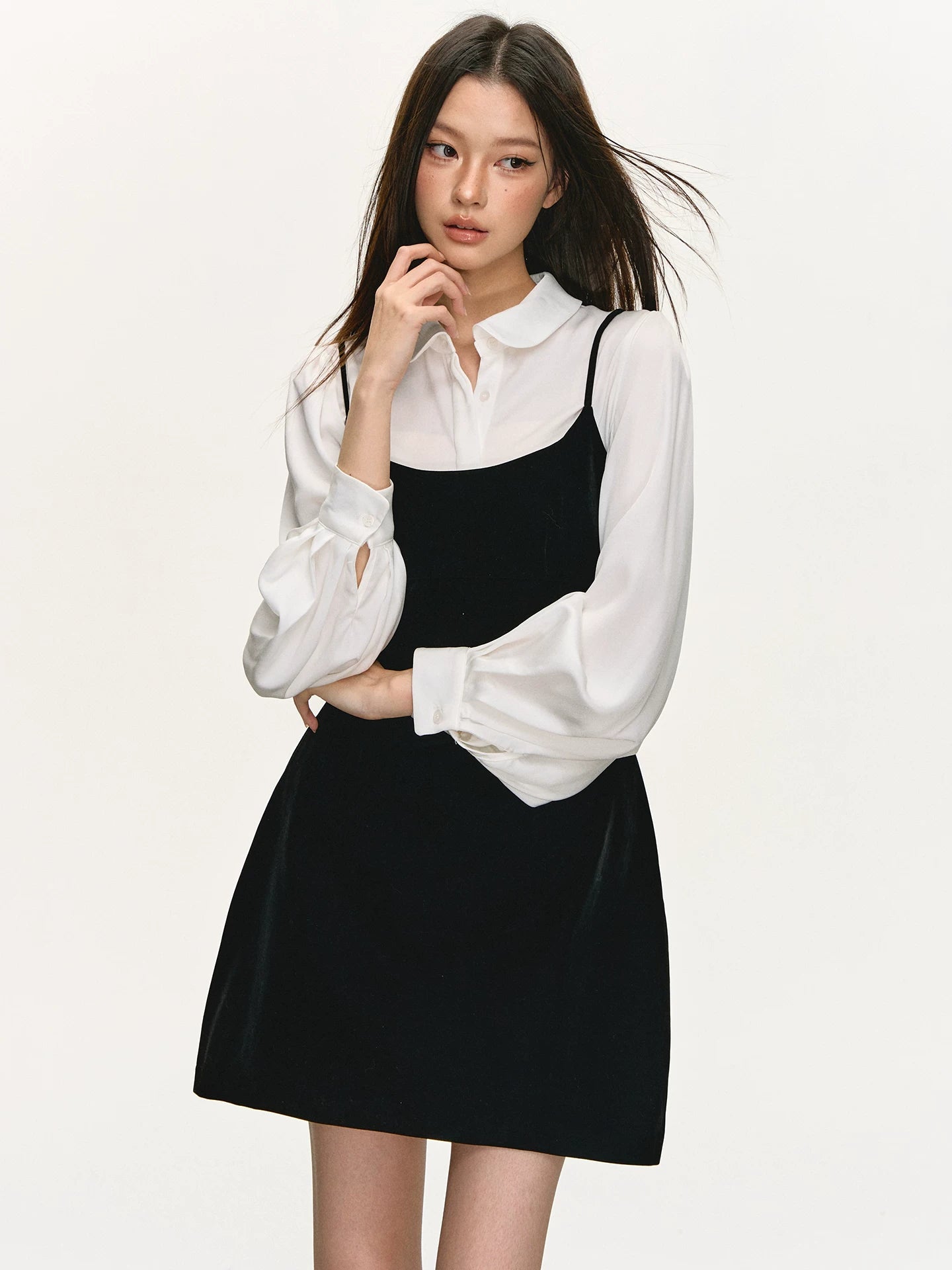 Anna Aneae Long Sleeve Shirt Stacked Velvet Suspender Dress Set