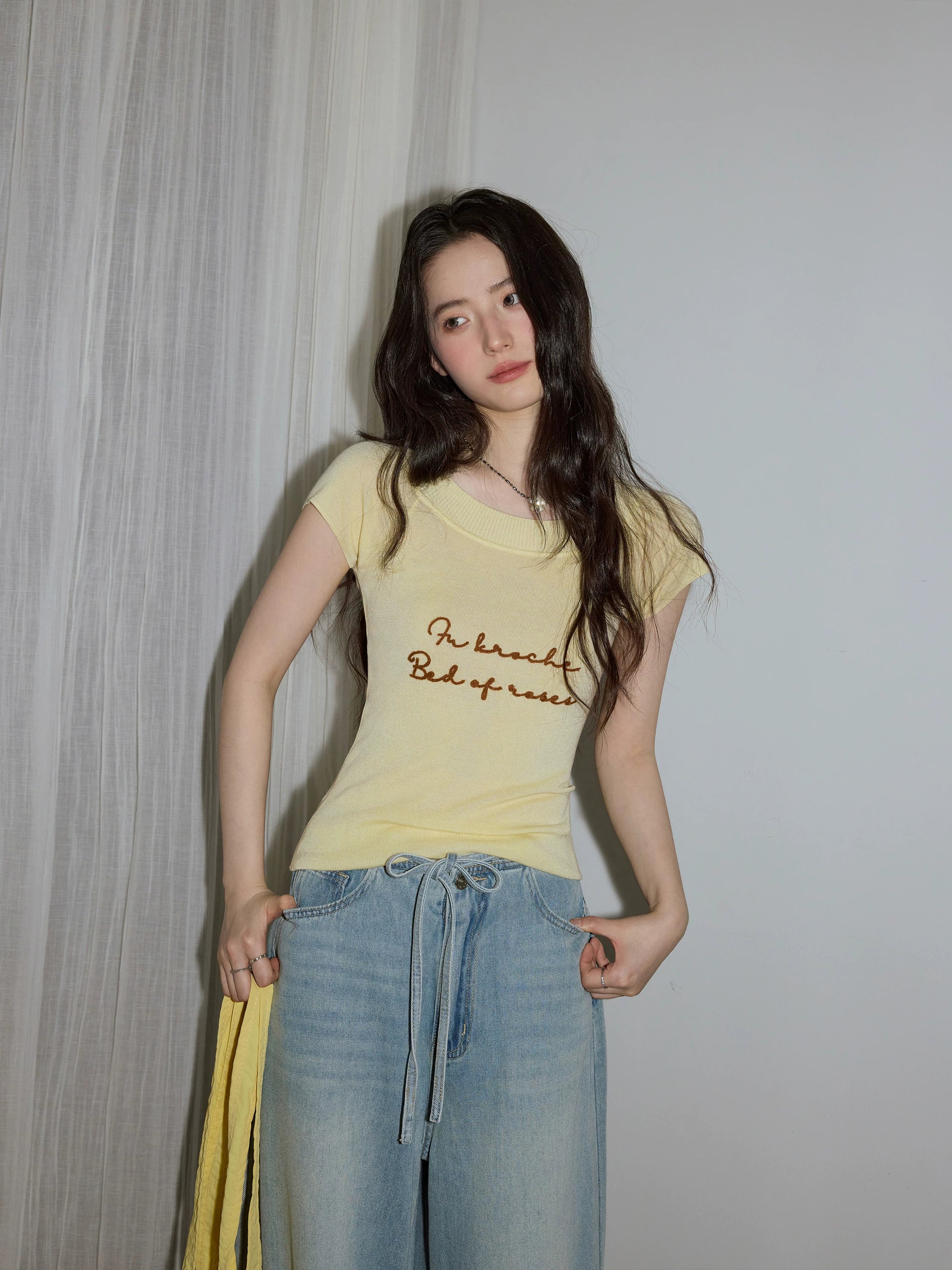 XUJING Crew Neck Embroidery Knitted Slim Tee