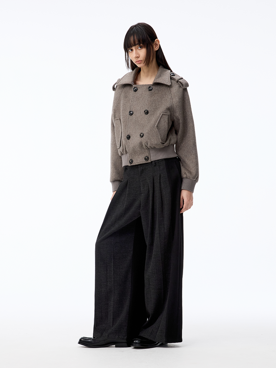 JCAESAR WOMEN Removable Fur Collar Double-breasted Short Woolen Coat