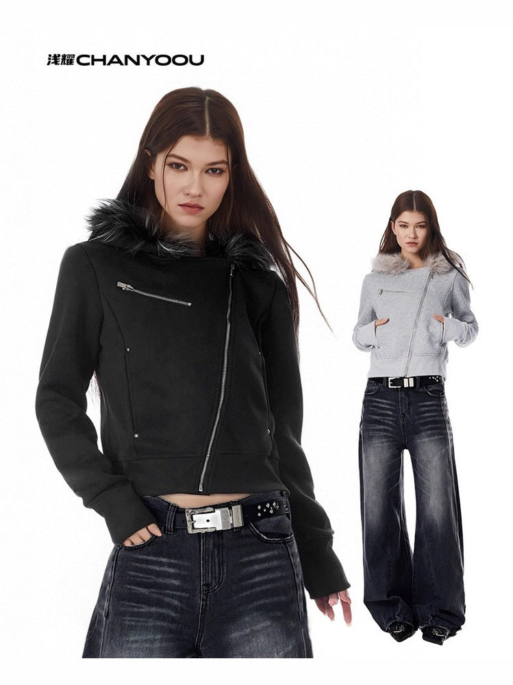 CHANYOOU Retro Diagonal Zipper Short Fur Collar Hooded Sweater
