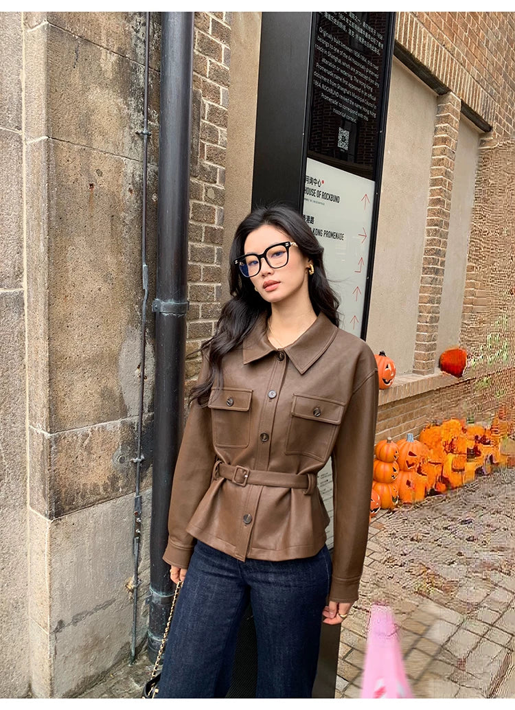 Pusumede Pu Leather Lapel Waist Jacket