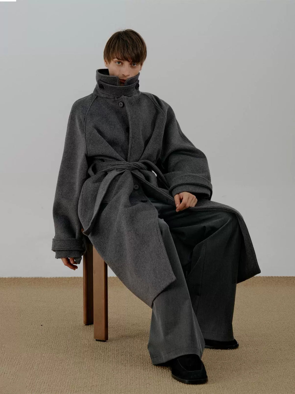 COLN Lace-up Lapel Woolen Single-breasted Coat