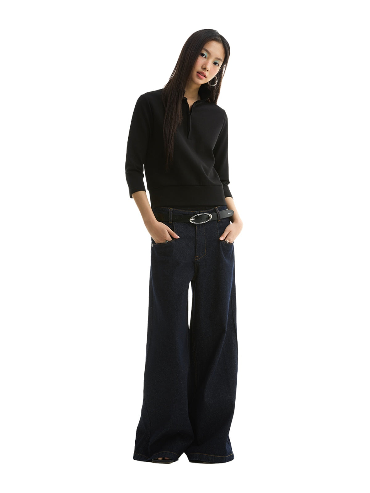 FUNKYFUN Half Zipper Simple Seven-quarter Sleeve Tee