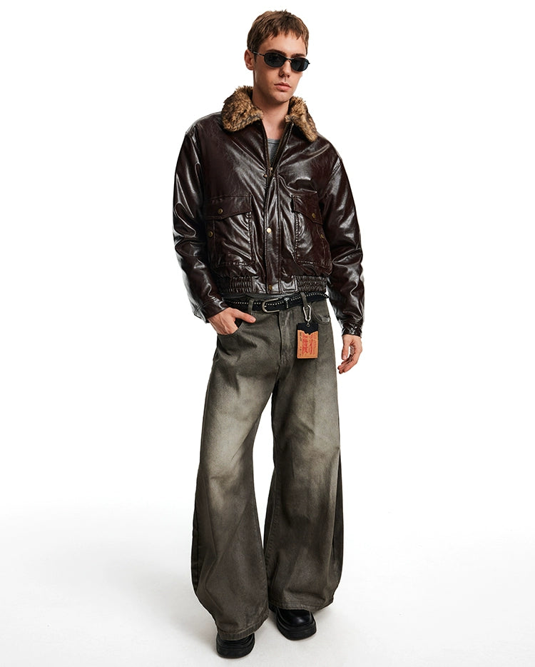 MADWITCH Retro Stitching Fur Collar PU Leather Jacket Cotton Jacket