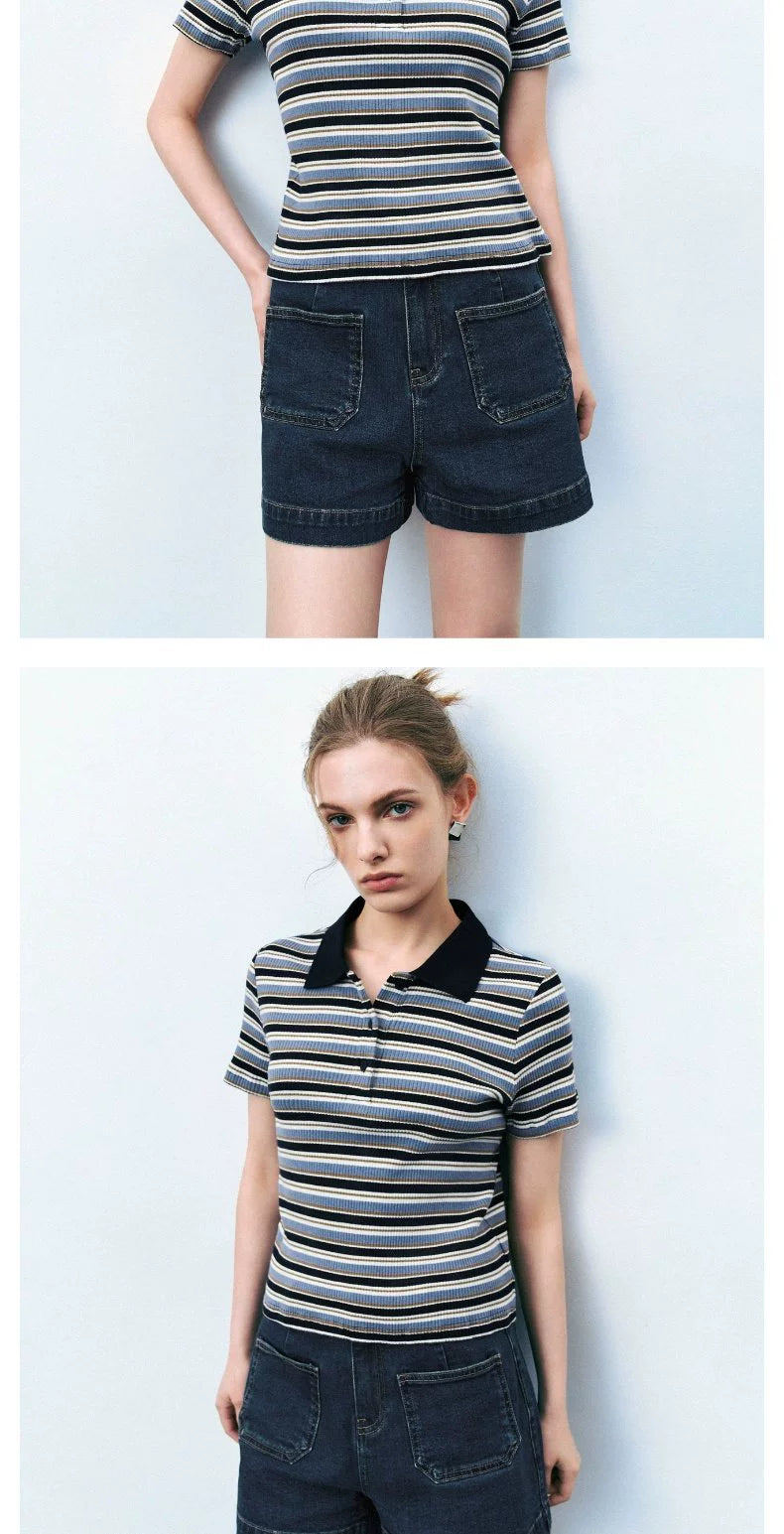 URBAN REVIVO College Color Contrasting Striped T-shirt Polo Shirt