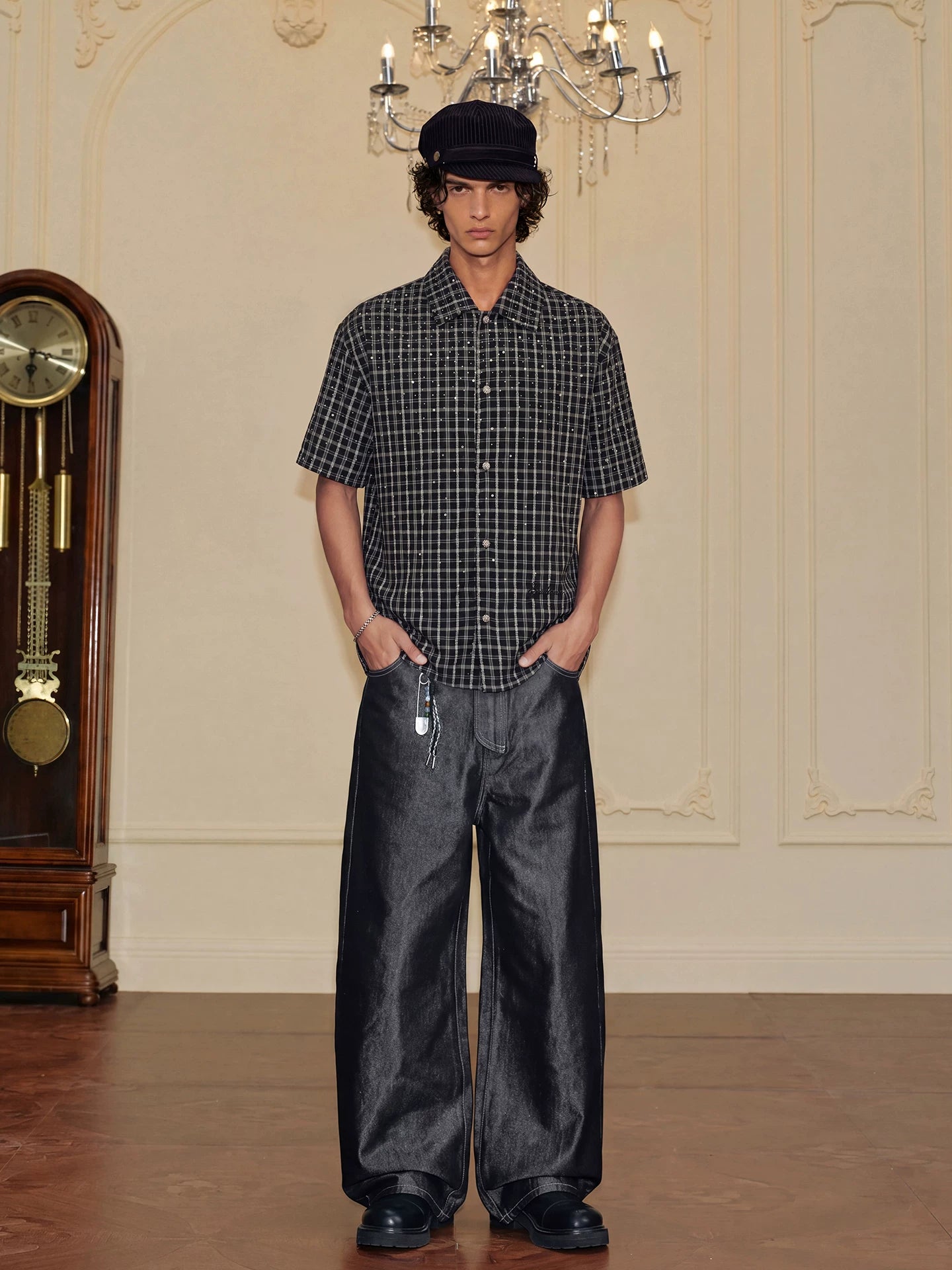 YADcrew Vintage Plaid Full Diamond Loose Short Sleeve Shirt