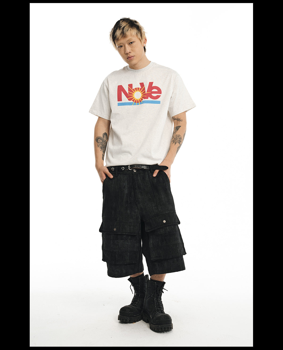 NOVACAM wasteland wind retro camouflage baggy heavy mottled old black cropped pants