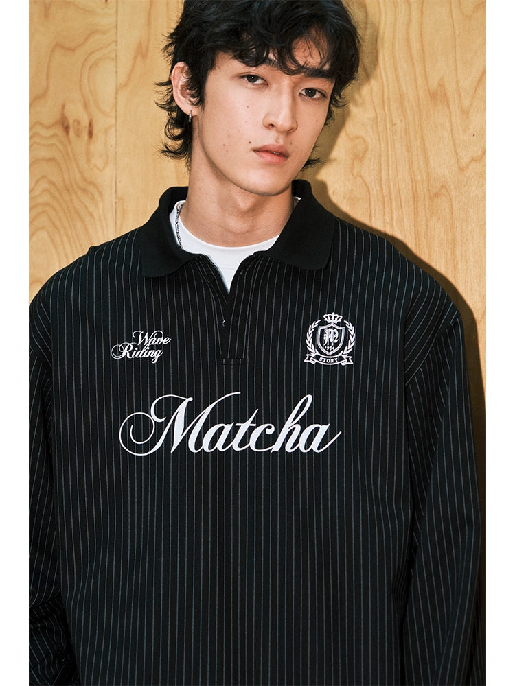 MATCHA STORY Vertical Striped Jacquard Lapel Sweater