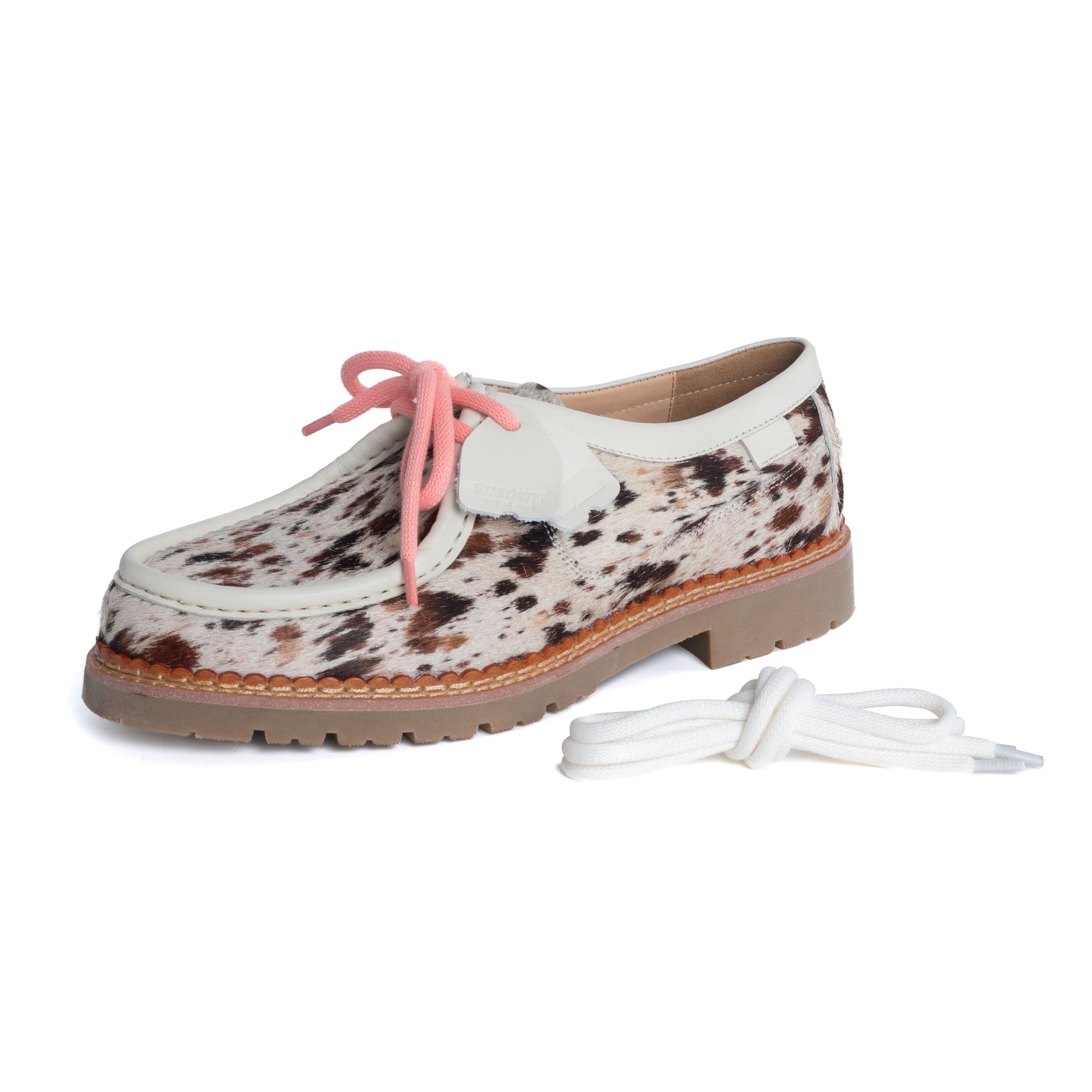 DYZZYMOTIF Cow Print Hair-On Leather Lace-Up Boat Shoe