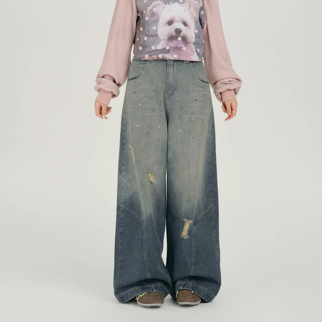 Girlyhalo Vintage Hot Diamond Make Old Wide Leg Jeans