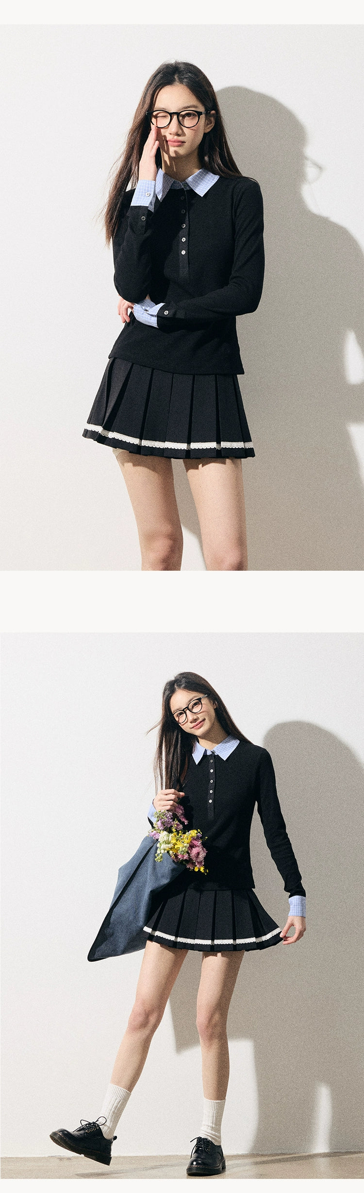 RPB BRAND Checked Splicing Polo Collar Fake Two-piece Waist College Bottoming Shirt