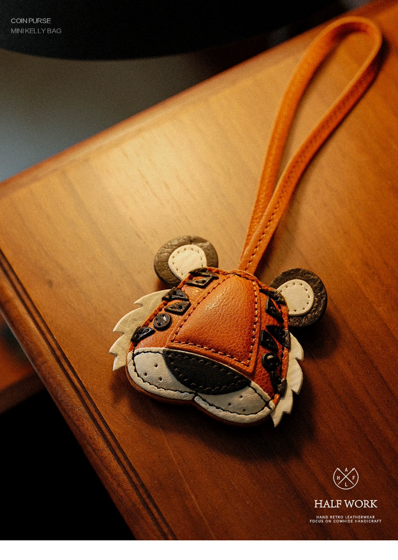 HALF WORK cowhide bag pendant genuine leather retro handmade tiger head pendant tiger zodiac bag pendant