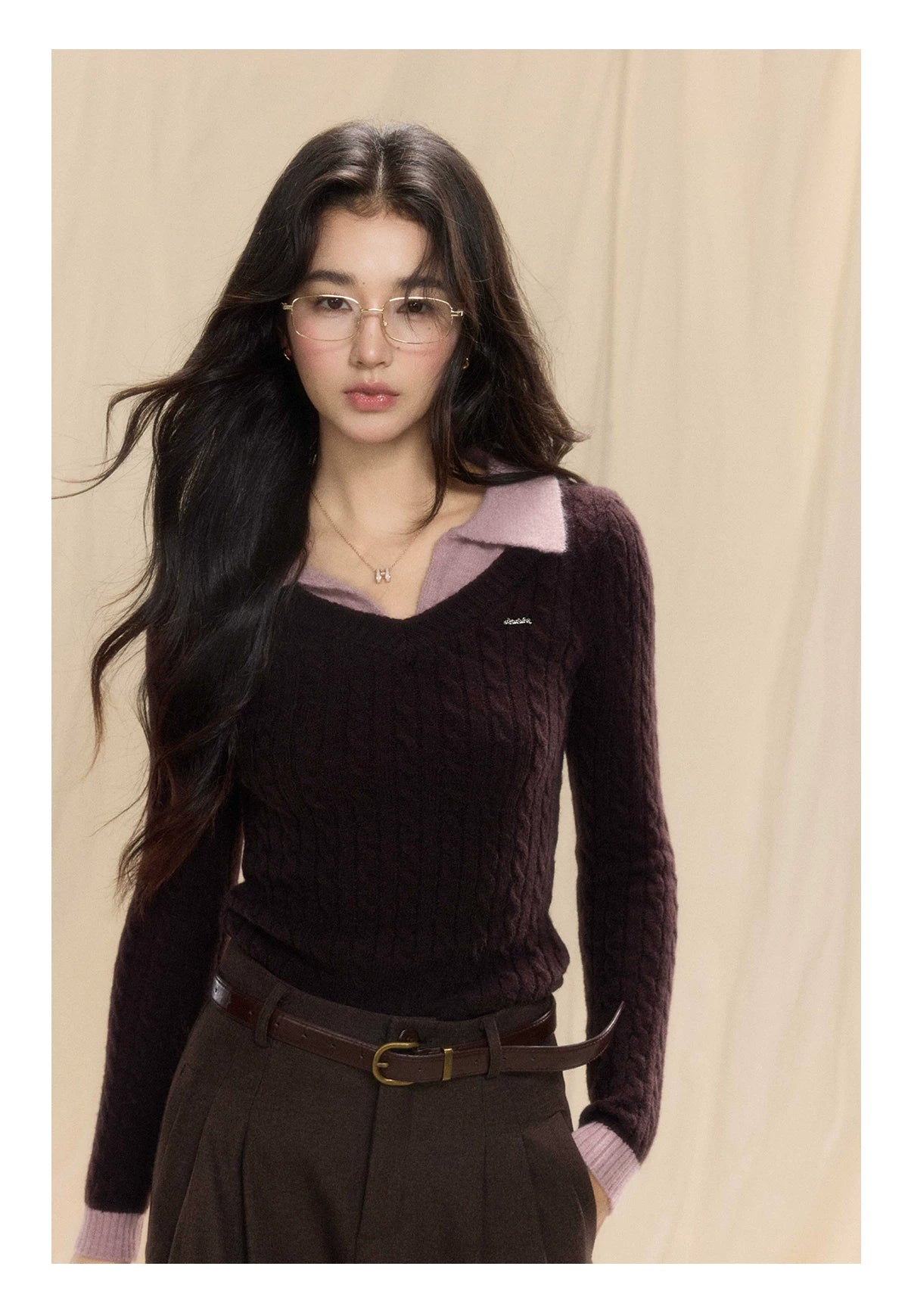 TYANG Contrasting Polo Collar Fake Two-piece Knitted Sweater