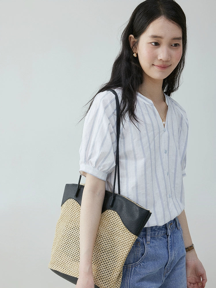 VOOE Contrast Striped V-Neck Pullover Commuter Shirt