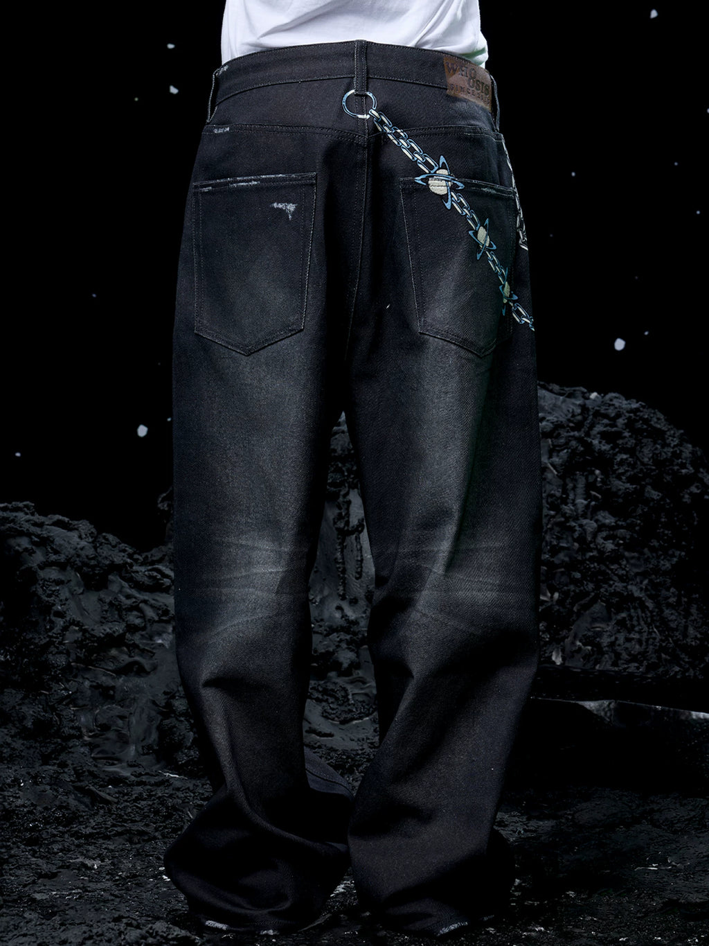 WHOOSIS Metal Pendant Denim Print Slacks