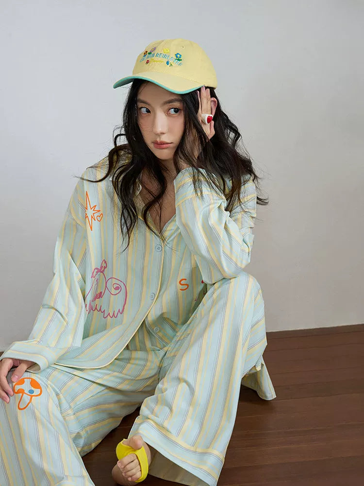 YUENEI Striped Dopamine Cardigan Pajamas