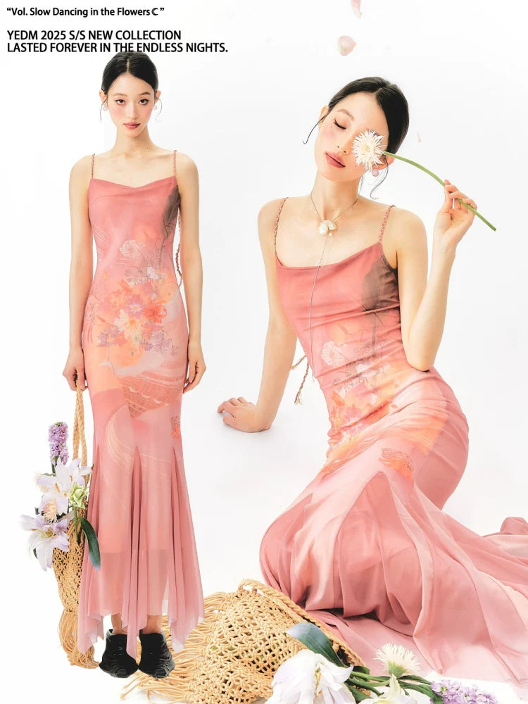 YEDM Gradient Hand-painted Printed Slip Mermaid Skirt