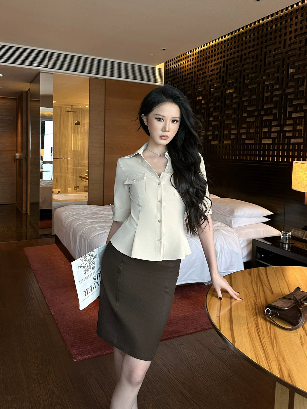 LLROGE Slim Fit and Thin Waist Shirt Skirt Set