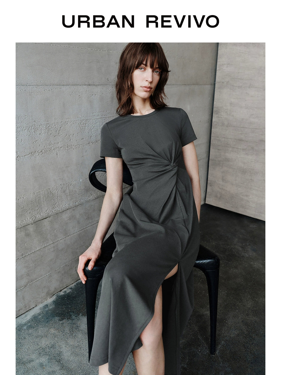 URBAN REVIVO Pleated Slit Slim Short Sleeve Dress