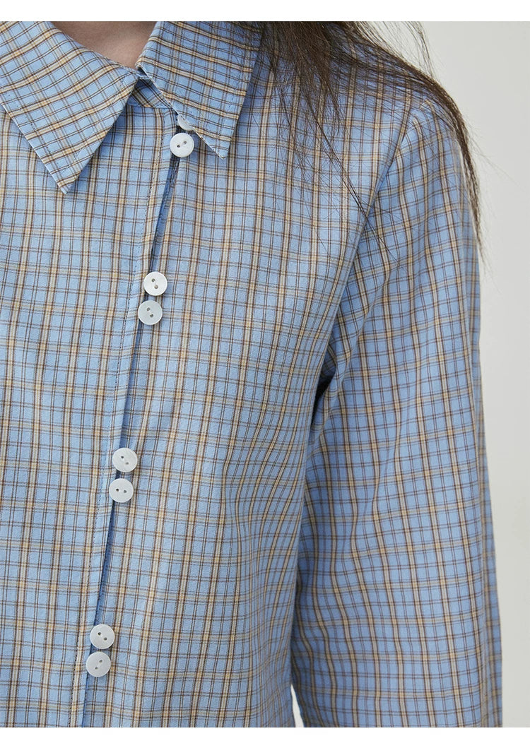 VOOE Contrasting Plaid Diagonal Neck Shirt