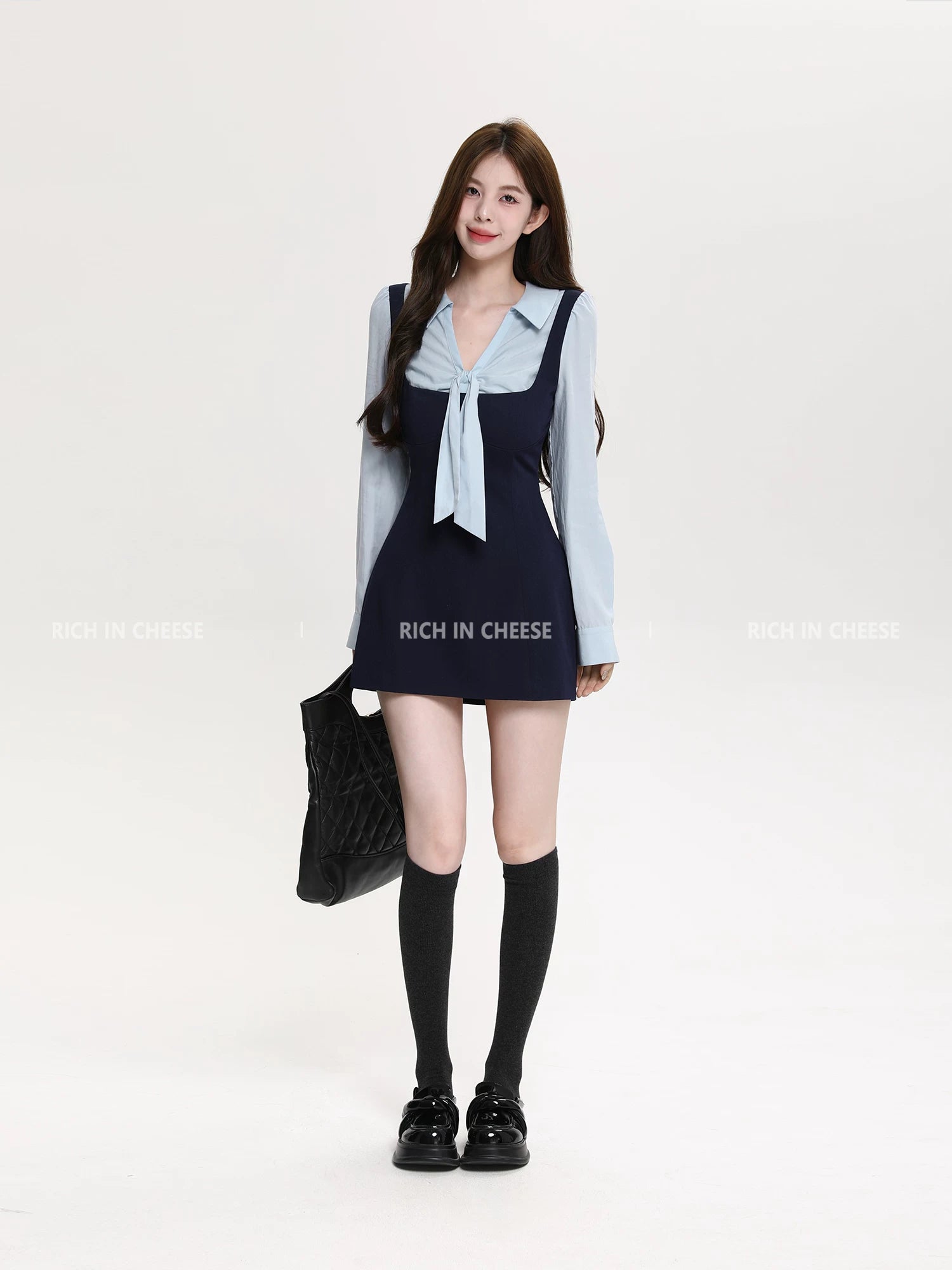 RICH IN CHEESE ACADEMY COLOR CONTRACT Splicing Bow Waist Dress