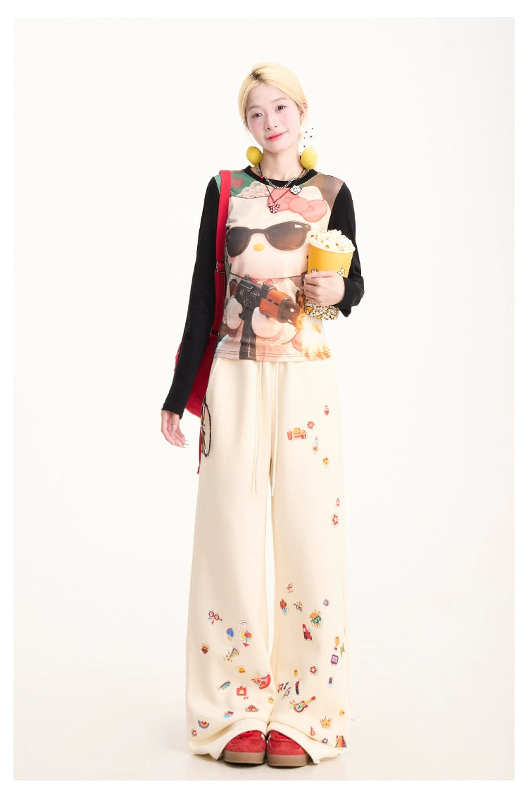 Kenvibe Fun Print Lazy Loose Drawstring Casual Straight Pants