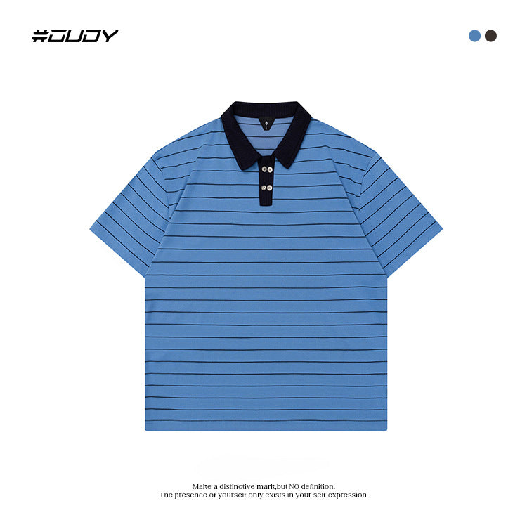 OVDY Striped Lapel Casual Polo Shirt