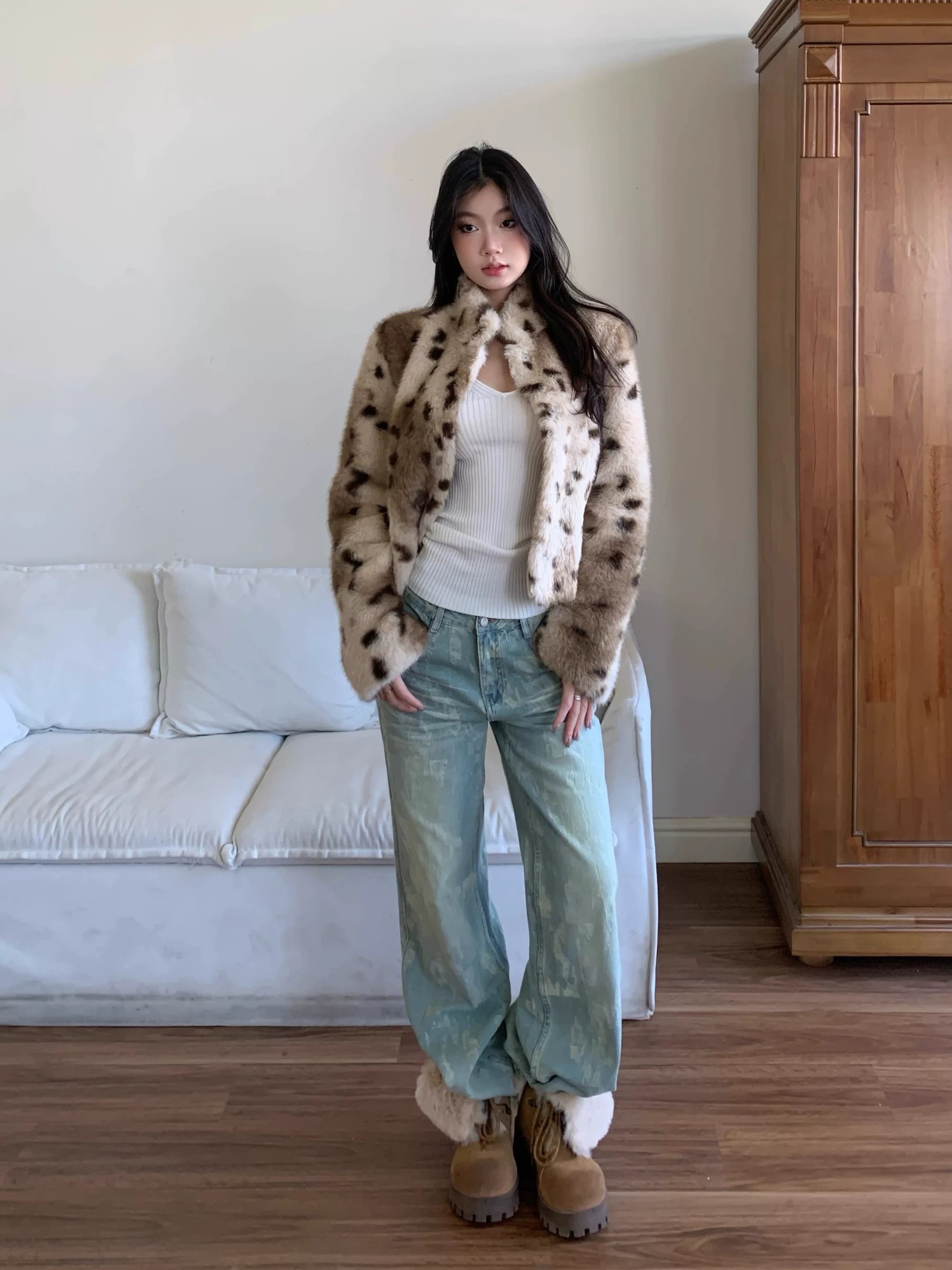 WITHMIN Leopard Print Casual Soft Waxy Lazy Coat