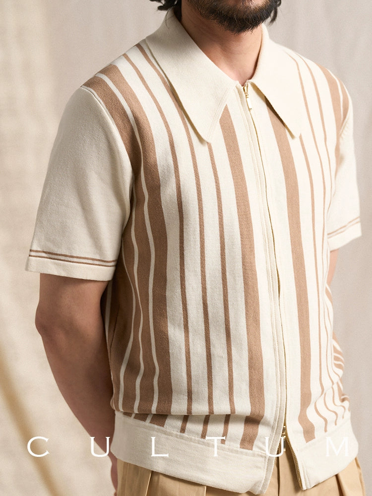 CULTUM Striped Knitted Short Sleeve Cardigan Zip POLO Shirt