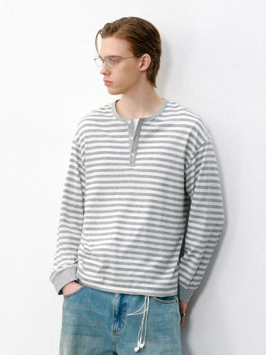714Street Linen Blended Henry Neck  Striped Long SleeveT-Shirt