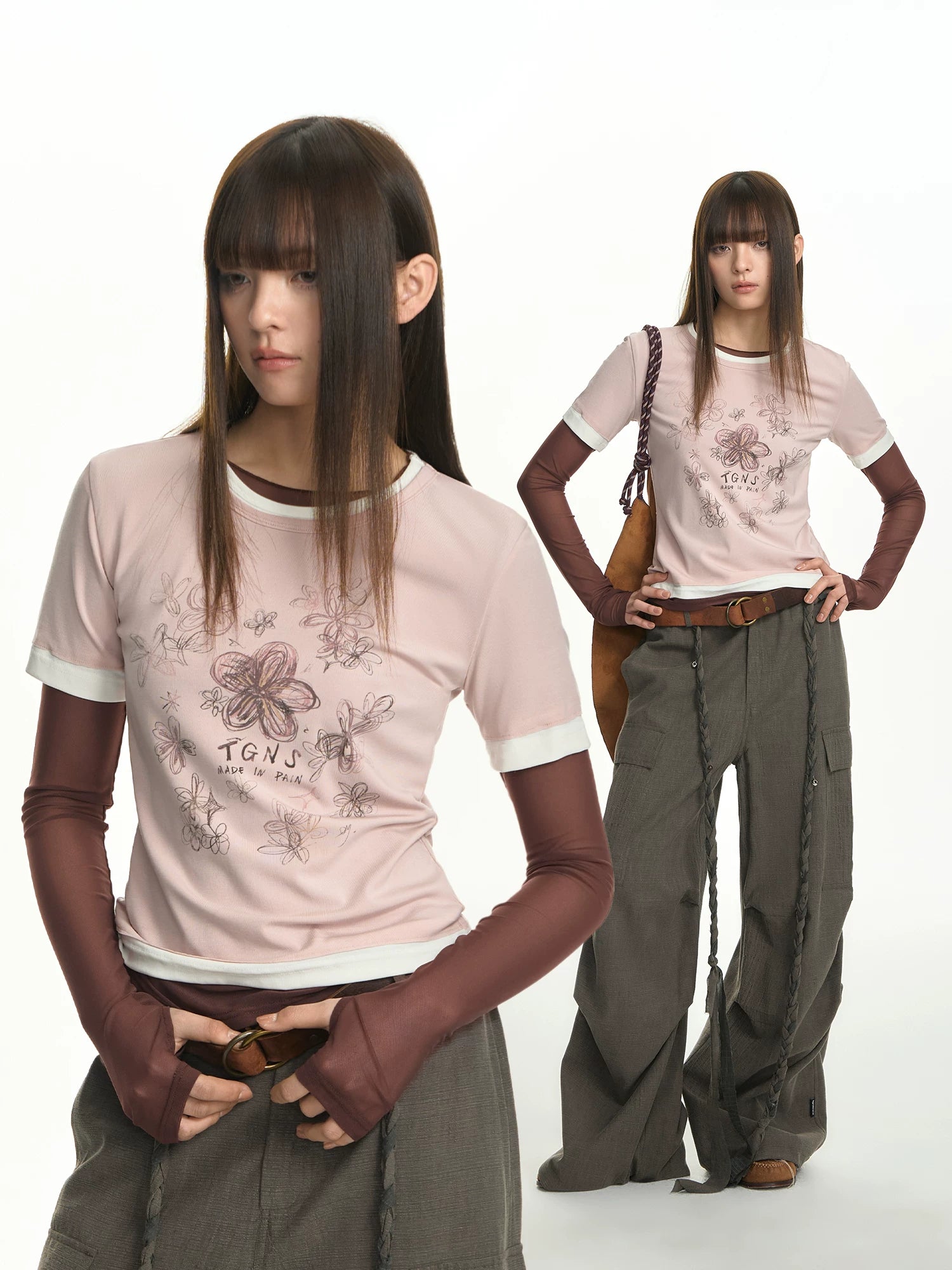 TGNS Flower-painted Graffiti Fake Three-piece Tight and Thin Long Sleeves