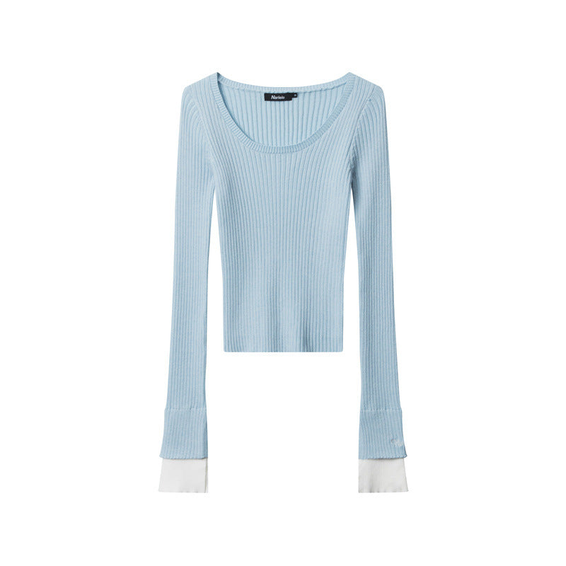 Nariele Striped Knitted Bottom Shirt Slim-Fit Long Sleeves