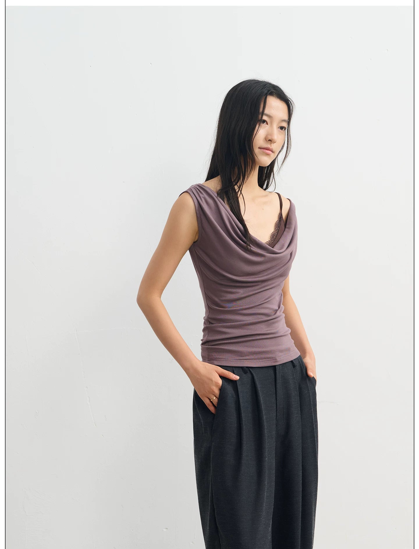 LINY LIBERTY Micro Swing Collar Fake Two-piece Lace Sling Vest