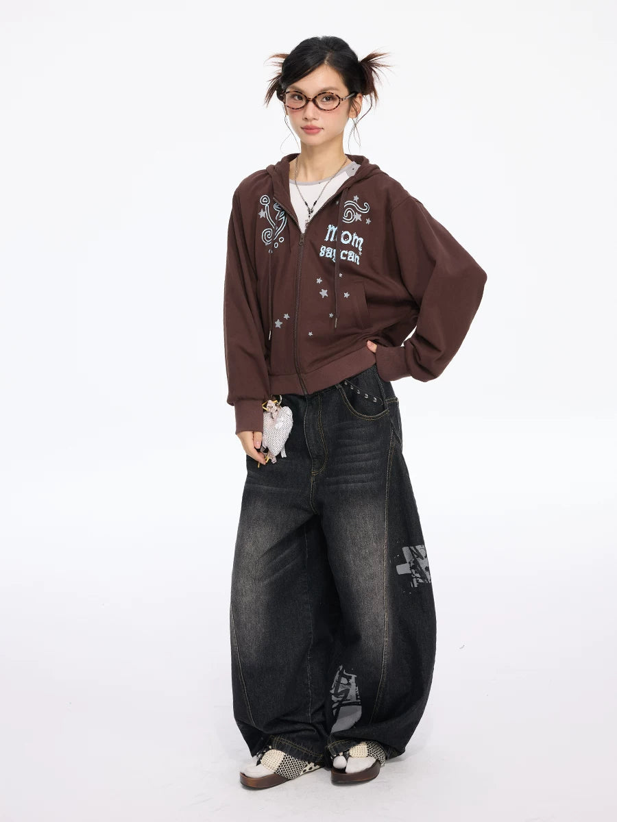 MOMSAYCAN Short Contrasting Print Hooded Jacket