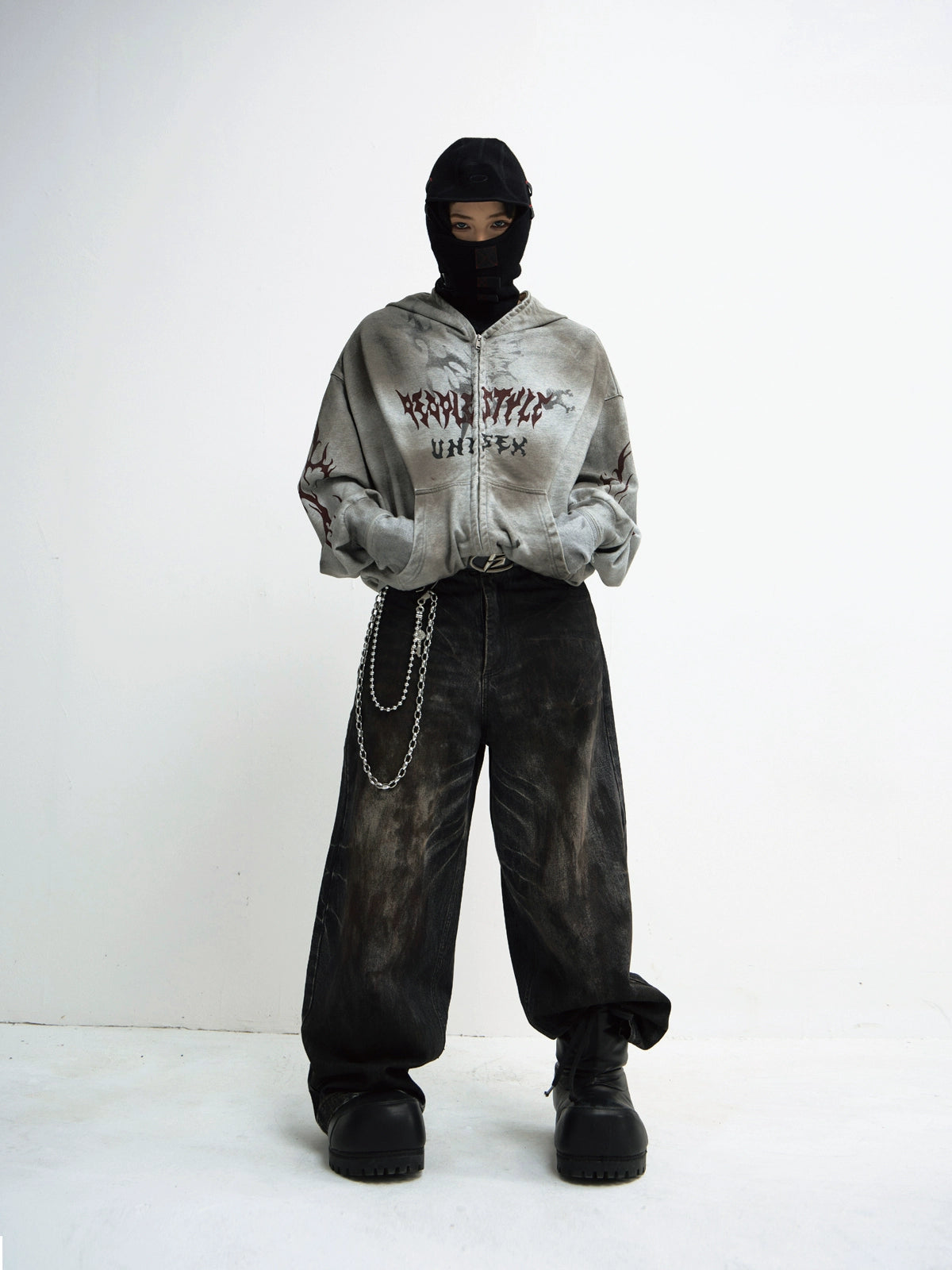 PEOPLESTYLE Dirty Dye Mask Removable Gloves Hooded Sweater