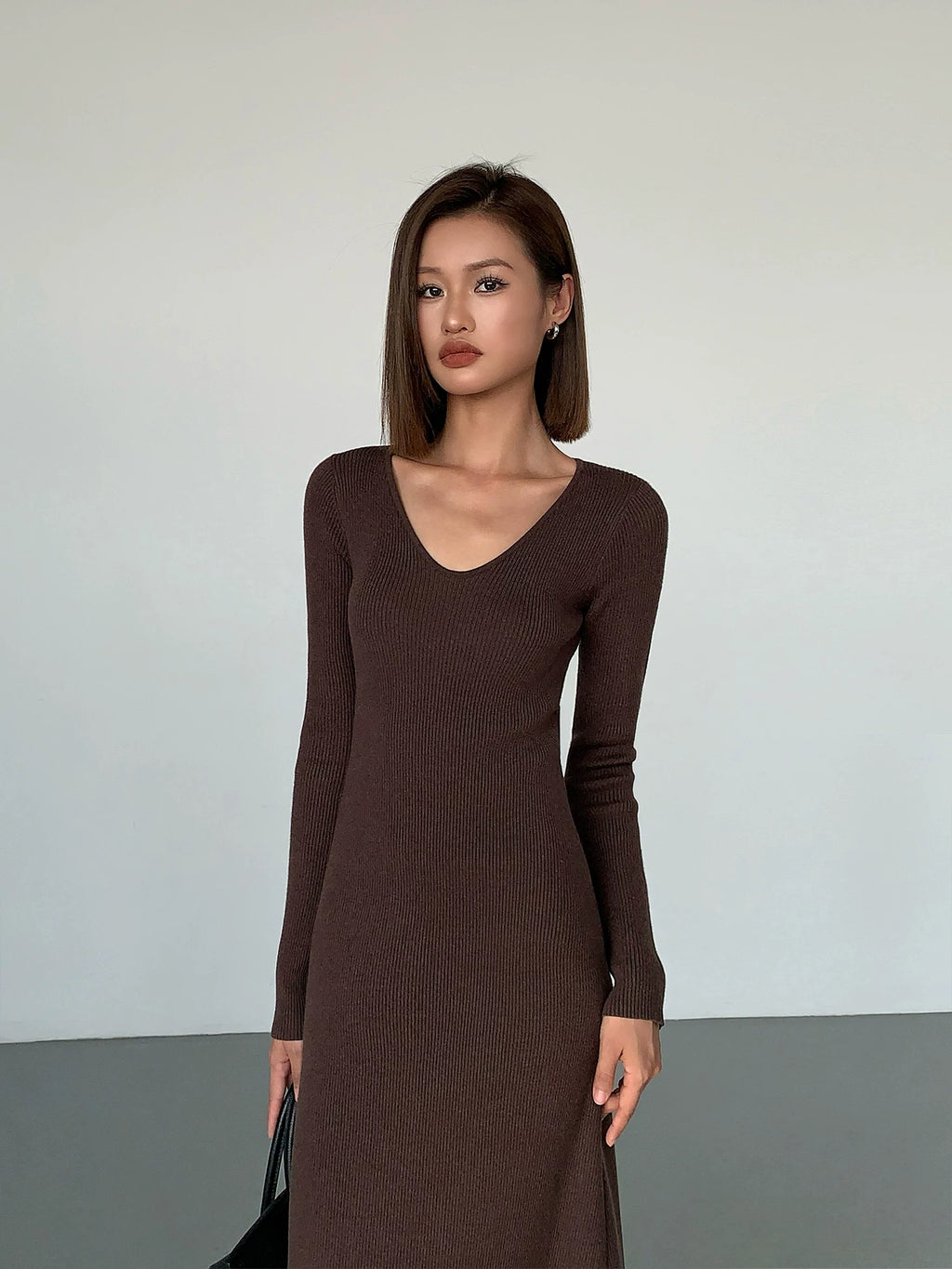 Ousph V Neck Temperament Knitted Waist Slim Dress