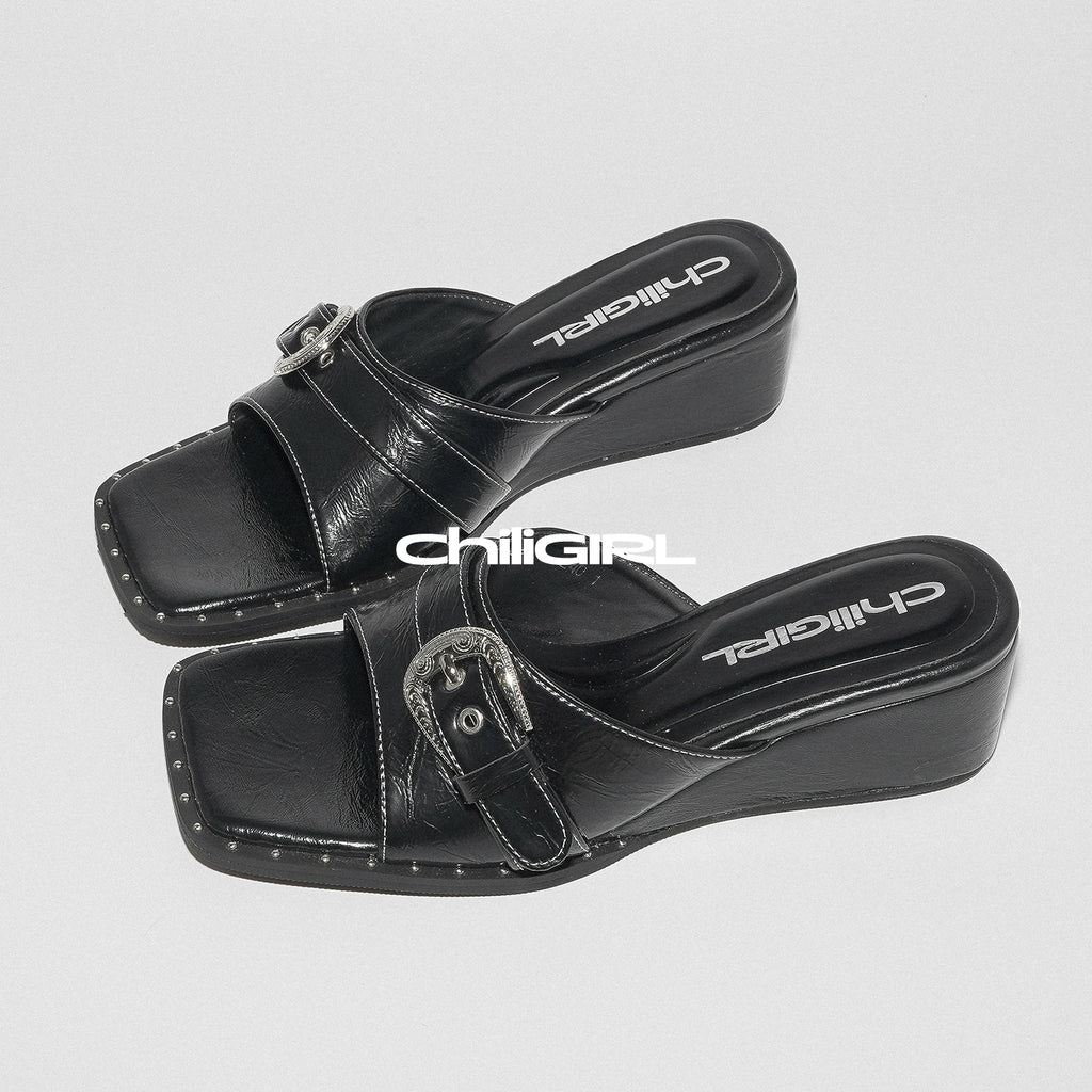CHILIGIRL Wedge Heel Belt Buckle Open-toe Heightening One-word Sandals