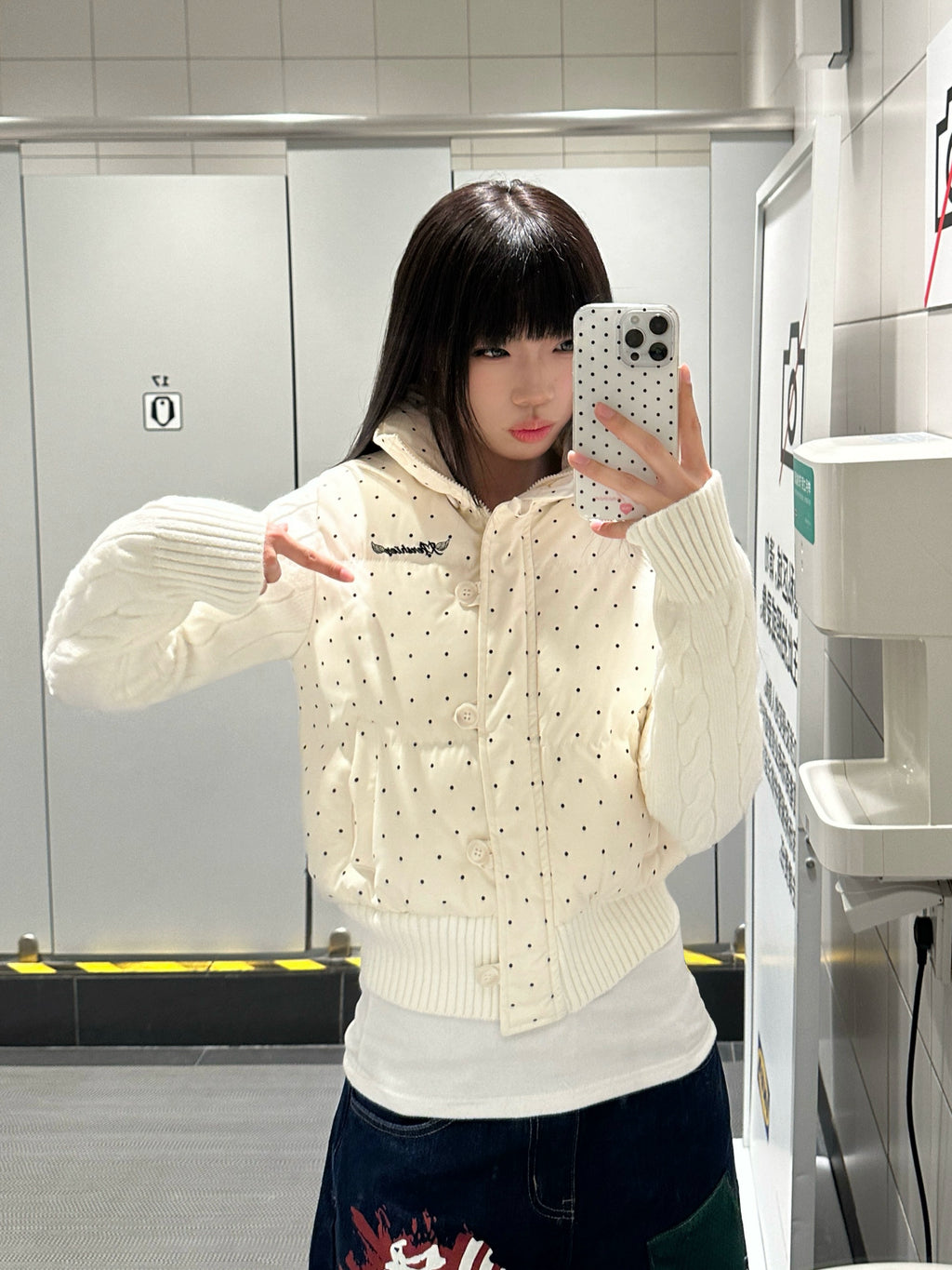 Mershier Vintage Polka Dot Splicing Knitted Stand-Up Collar Cotton Clothing