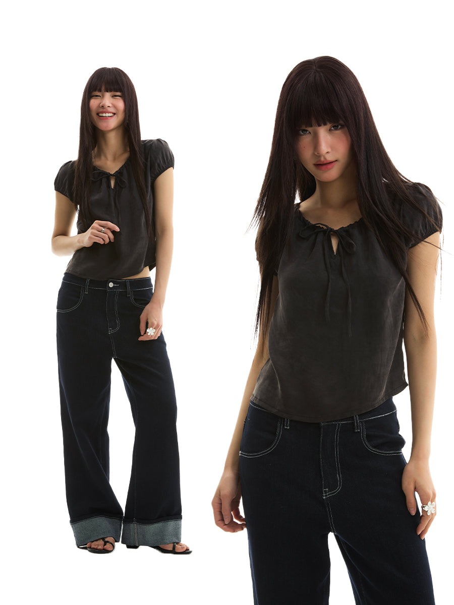 FUNKYFUN Drawstring Rubber Band Bubble Sleeve Tee