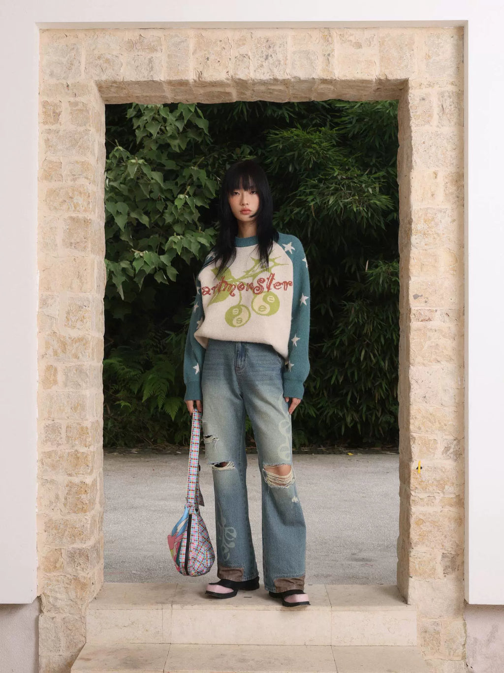 EeeeArtmonster Cherry Print Color Matching Heavy Crew Neck Sweater