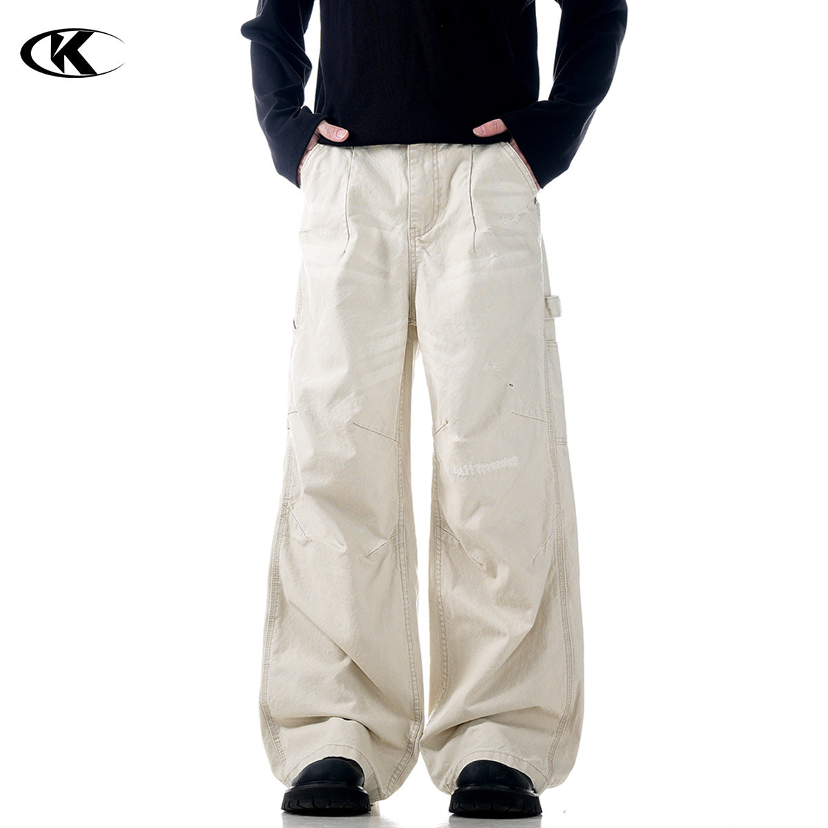 11KN washed old cut loose wide leg drape pants