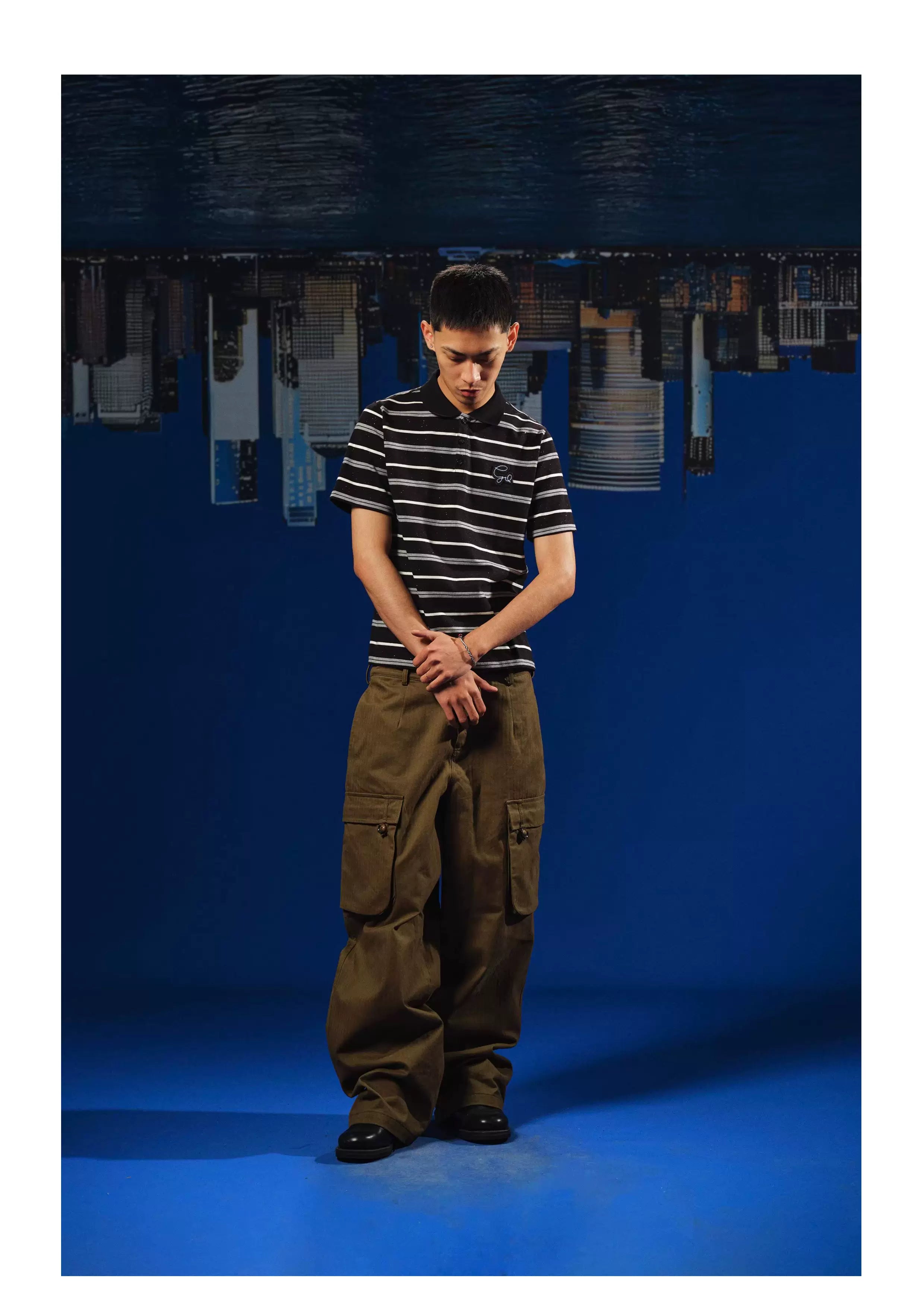 WebSurfGoru Striped Lapel Versatile Tee