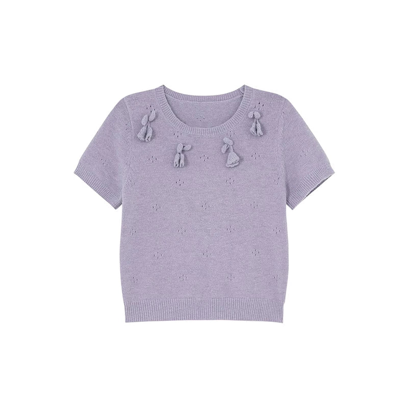Kano Hand Hook Three-dimensional Flower Round Neck Short Sleeve Knitting