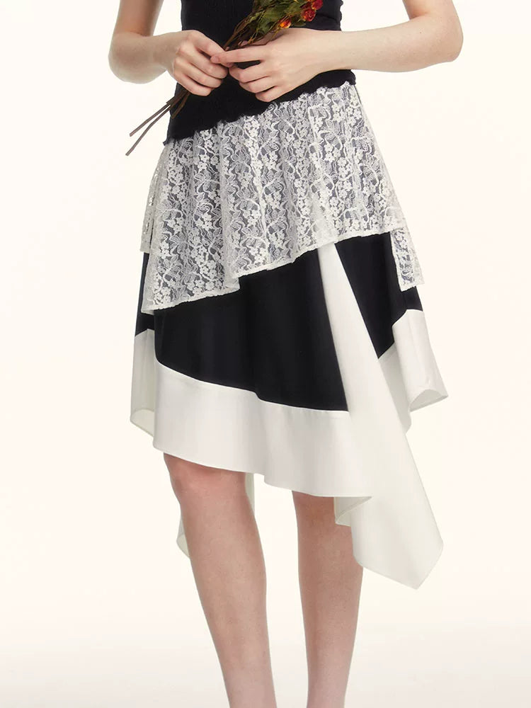 SUREENOUGH Vintage Lace Stitching Irregular Skirt