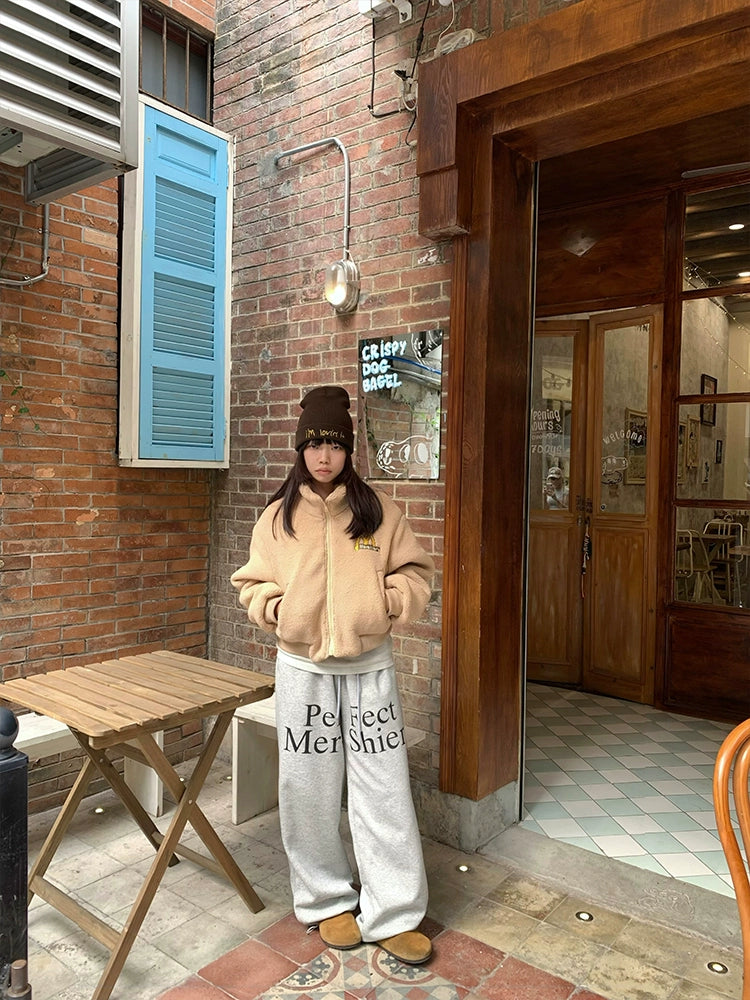 EAHO Retro Letter Print Fleece Sweatpants