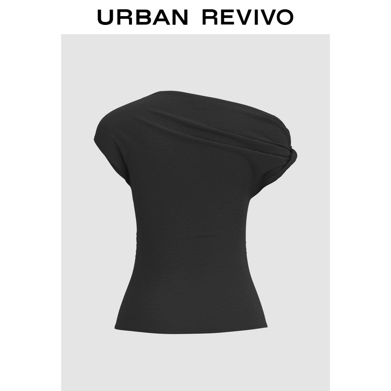 URBAN REVIVO Temperament Versatile Slanted Shoulder Collar Pleated Waist Tee