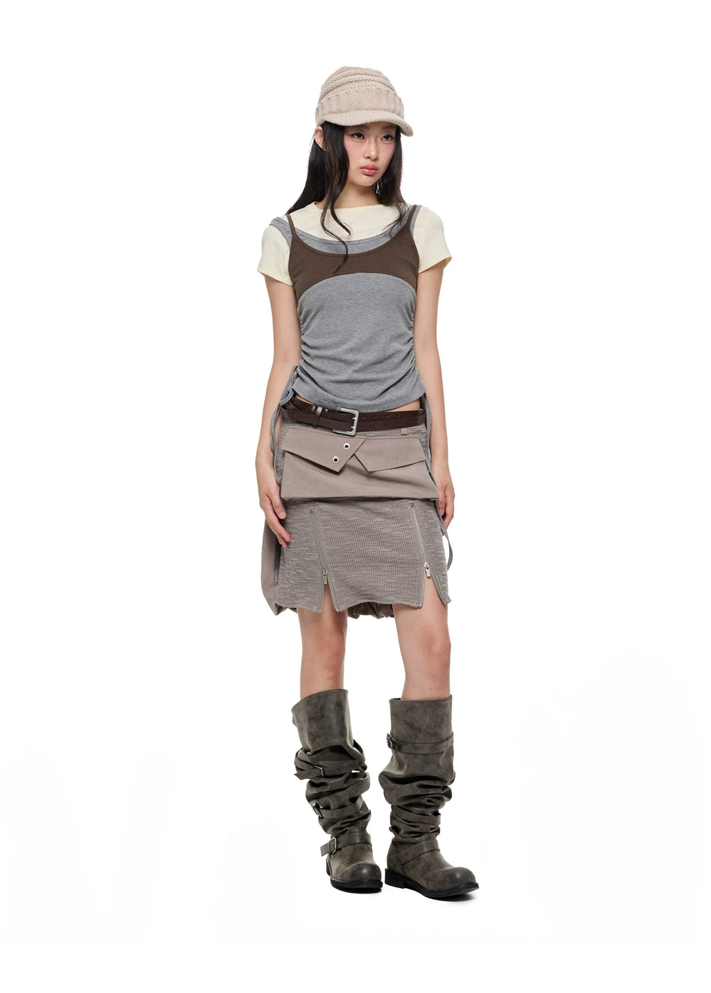 JIKOO Patchwork Textured Knit Pocket Skirt